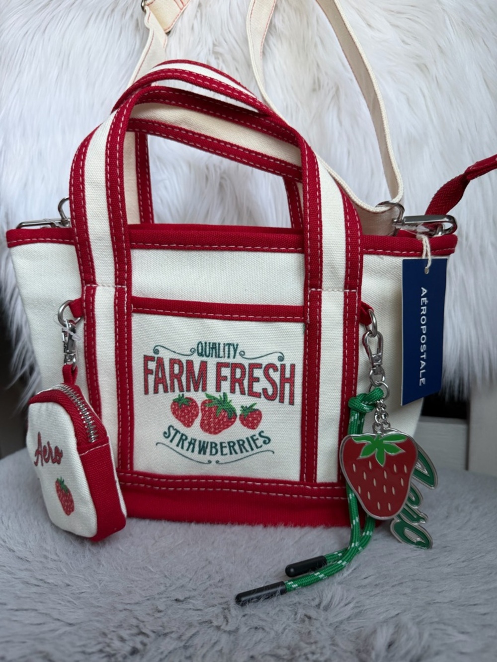 Aeropostale Red & Cream Strawberry Canvas Tote Crossbody with Strawberry Charm